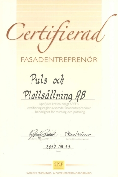 Certifikat SPEF Fasadentreprenr, Puts & Plattsttnings AB